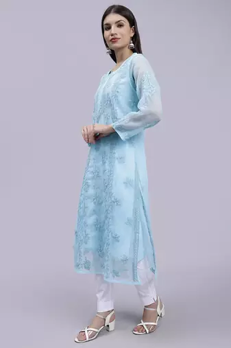 hand embroidered sea green georgette lucknowi chikan kurta with slip