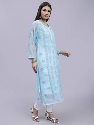 hand embroidered sea green georgette lucknowi chikan kurta with slip 3