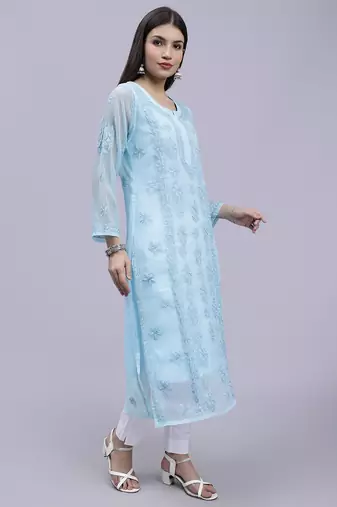 hand embroidered sea green georgette lucknowi chikan kurta with slip