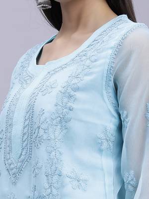 hand embroidered sea green georgette lucknowi chikan kurta with slip 4