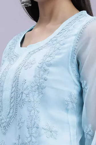 hand embroidered sea green georgette lucknowi chikan kurta with slip