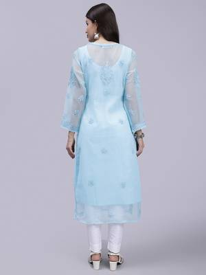 hand embroidered sea green georgette lucknowi chikan kurta with slip 5