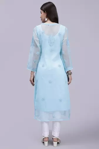 hand embroidered sea green georgette lucknowi chikan kurta with slip