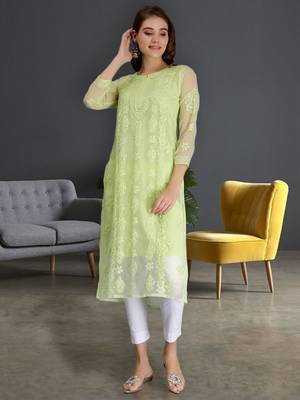 Seva chikan hand embroidered green georgette lucknowi chikan kurta with slip 1