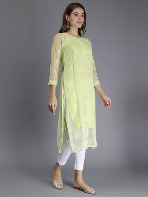 Seva chikan hand embroidered green georgette lucknowi chikan kurta with slip 2