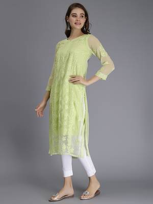 Seva chikan hand embroidered green georgette lucknowi chikan kurta with slip 3