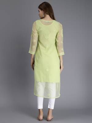 Seva chikan hand embroidered green georgette lucknowi chikan kurta with slip 4