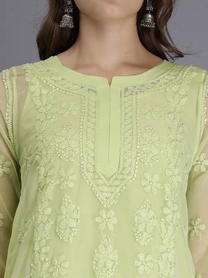 Seva chikan hand embroidered green georgette lucknowi chikan kurta with slip 5