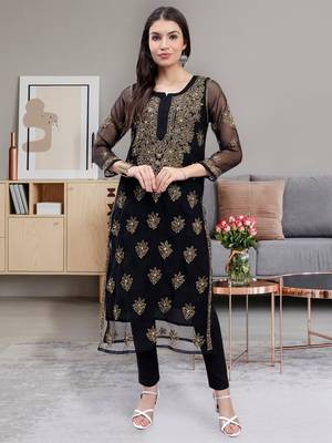 hand embroidered black georgette lucknowi chikan kurta with slip 1