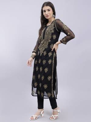 hand embroidered black georgette lucknowi chikan kurta with slip 2