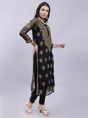 hand embroidered black georgette lucknowi chikan kurta with slip 3