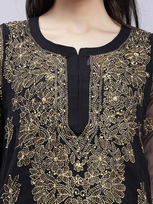 hand embroidered black georgette lucknowi chikan kurta with slip 4