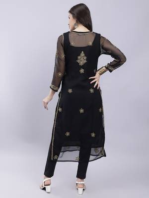 hand embroidered black georgette lucknowi chikan kurta with slip 5