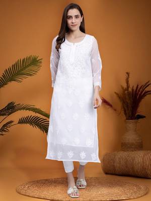 hand embroidered white georgette lucknowi chikan kurta with slip 1