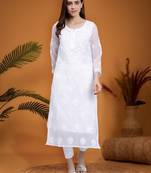 hand embroidered white georgette lucknowi chikan kurta with slip