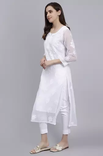 hand embroidered white georgette lucknowi chikan kurta with slip