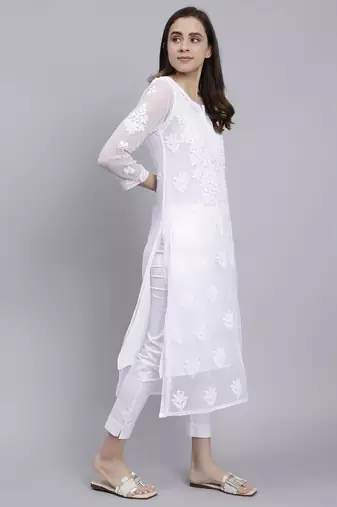 hand embroidered white georgette lucknowi chikan kurta with slip