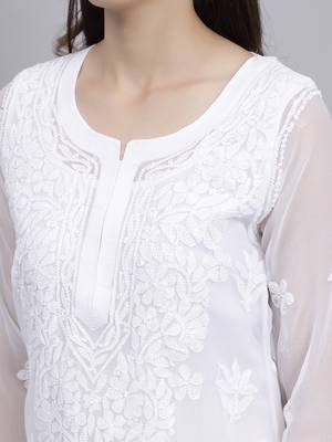 hand embroidered white georgette lucknowi chikan kurta with slip 4