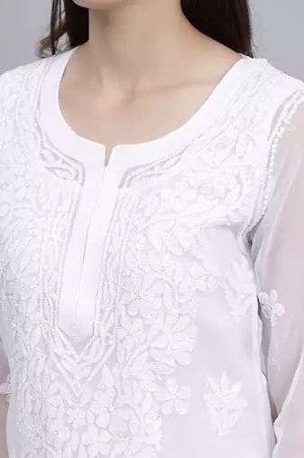 hand embroidered white georgette lucknowi chikan kurta with slip
