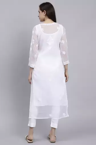 hand embroidered white georgette lucknowi chikan kurta with slip