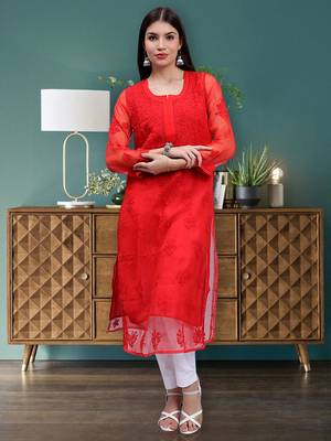 hand embroidered red georgette lucknowi chikan kurta with slip 1
