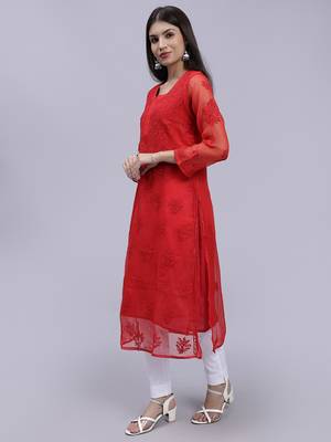 hand embroidered red georgette lucknowi chikan kurta with slip 2