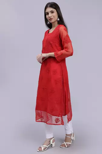 hand embroidered red georgette lucknowi chikan kurta with slip