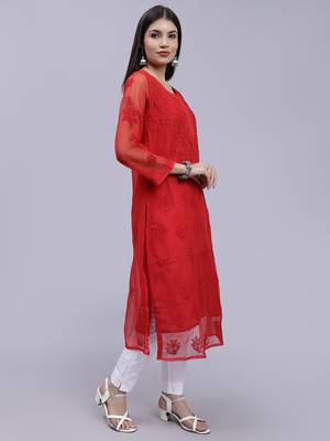 hand embroidered red georgette lucknowi chikan kurta with slip 3