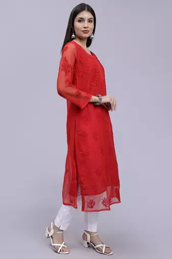 hand embroidered red georgette lucknowi chikan kurta with slip