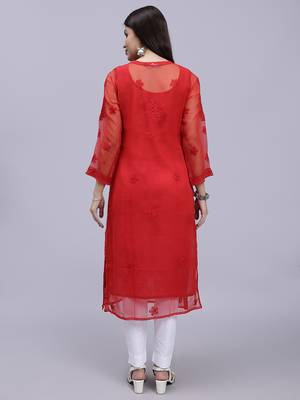 hand embroidered red georgette lucknowi chikan kurta with slip 4