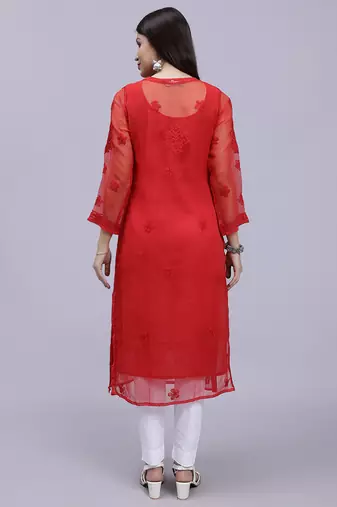 hand embroidered red georgette lucknowi chikan kurta with slip