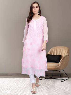 hand embroidered pink georgette lucknowi chikan kurta with slip 1