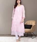 hand embroidered pink georgette lucknowi chikan kurta with slip