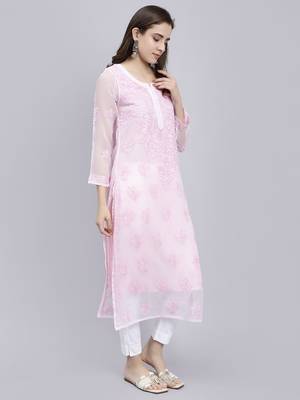 hand embroidered pink georgette lucknowi chikan kurta with slip 2