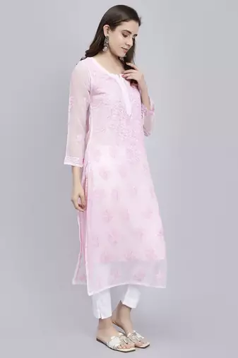 hand embroidered pink georgette lucknowi chikan kurta with slip