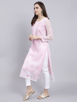 hand embroidered pink georgette lucknowi chikan kurta with slip 3
