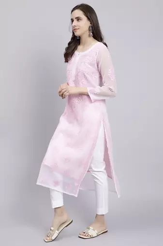 hand embroidered pink georgette lucknowi chikan kurta with slip