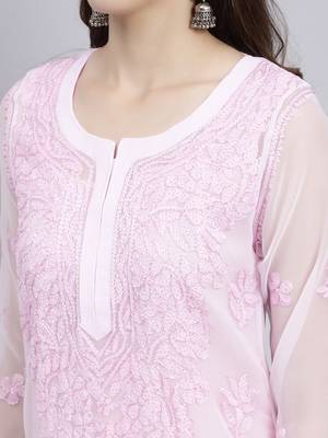hand embroidered pink georgette lucknowi chikan kurta with slip 4