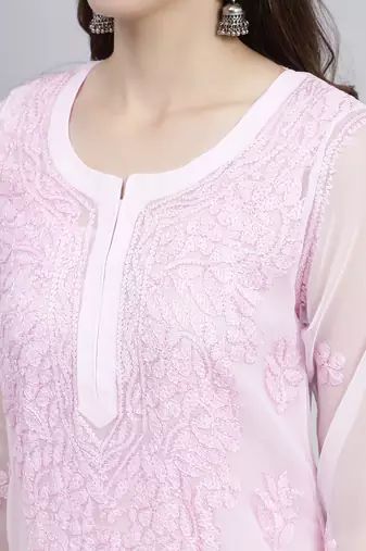 hand embroidered pink georgette lucknowi chikan kurta with slip