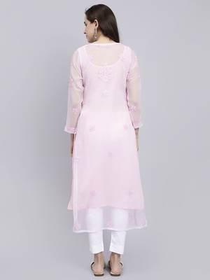 hand embroidered pink georgette lucknowi chikan kurta with slip 5