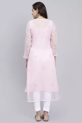 hand embroidered pink georgette lucknowi chikan kurta with slip