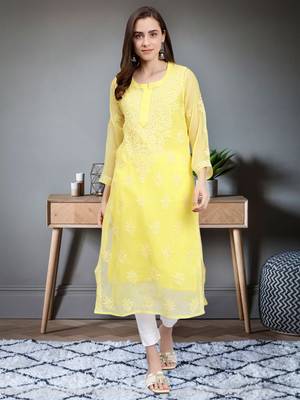 hand embroidered yellow georgette lucknowi chikan kurta with slip 1