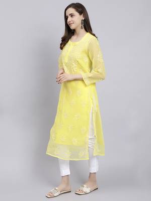 hand embroidered yellow georgette lucknowi chikan kurta with slip 2