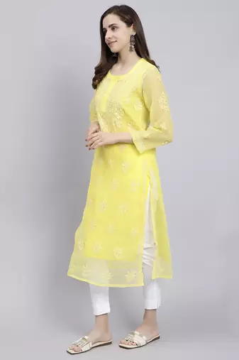 hand embroidered yellow georgette lucknowi chikan kurta with slip
