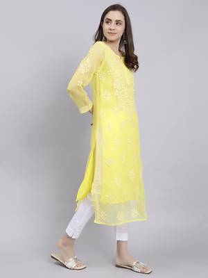 hand embroidered yellow georgette lucknowi chikan kurta with slip 3
