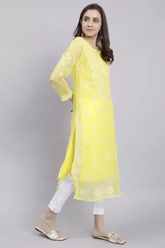 hand embroidered yellow georgette lucknowi chikan kurta with slip