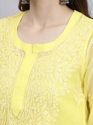 hand embroidered yellow georgette lucknowi chikan kurta with slip 4