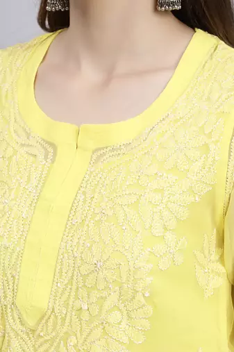 hand embroidered yellow georgette lucknowi chikan kurta with slip