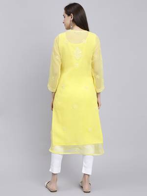hand embroidered yellow georgette lucknowi chikan kurta with slip 5