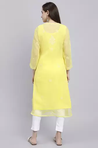 hand embroidered yellow georgette lucknowi chikan kurta with slip